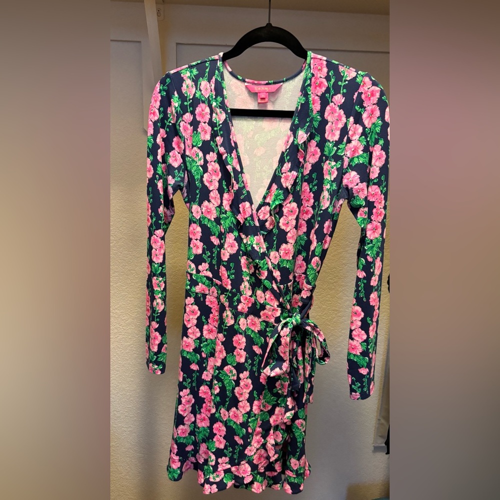 Lilly Pulitzer Floral Wrap Dress - Pink and Green on Navy